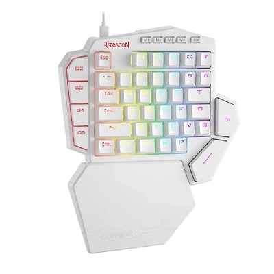 Bild av Redragon K585 DITI enhandsRGB mekaniskt speltangentbord, typ C professionellt spelknappsats med 7 inbyggda makrotangenter, avtagbart handledsstöd, 42 tangenter (vit, röd strömbrytare)