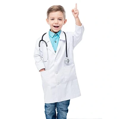 Bild av barn vita labbrockar, medicinsk rock, Waflyer unisex bomull polyester forskare klä upp skrubbar läkare arbetskläder studenter uniform mat rock laboratorium pojkar och flickor maskeraddräkter, S