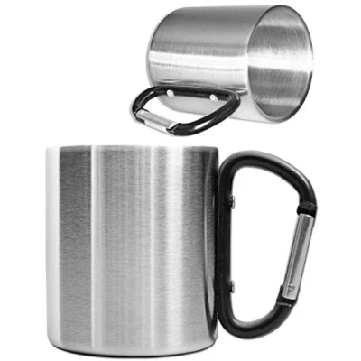 Bild av Outdoor Saxx® campingkopp, utomhuskopp, metallkopp, med skruvat karbinhakehandtag, rostfritt stål, vandring, arbete, 250 ml, silver (svart)