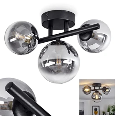 Bild av taklampa Chehalis, modern av metall/glas i svart/rökfärg, lampa design med skärmar rökt glas, 3 lampigt, x G9, utan glödlampor