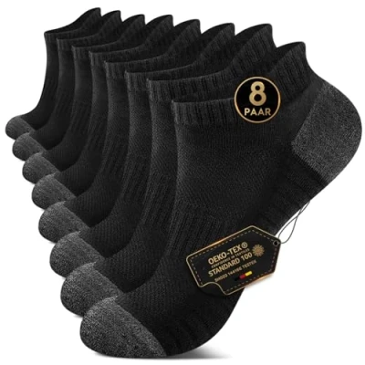 Bild av EKSHER Unisex vadderade sneakers strumpor 8 par, ventilerande korta sportstrumpor, frottésula bomull löparstrumpor, Svart x 8, 39 42 EU