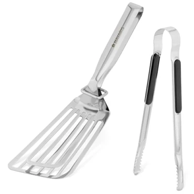 Bild av Navaris grilltillbehör 3 delat set 1 x dubbel spatel rostfritt stål grilltång metallring för enkel förvaring BBQ grillbestickset