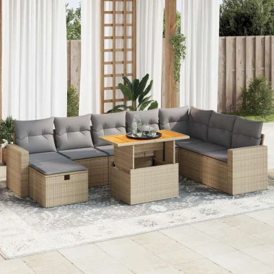 Bild av Trädgårdssoffset med dynor 9 delar beige konstrotting akaciaträ