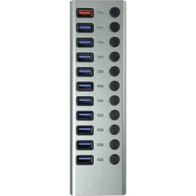 Bild av MaxTrack USB 3.0 Hub CH12L hubb med 10 portar, 1 laddningsport för mobila enheter, strömförsörjning, 5 Gbps, aktiv, 2,4 A laddningsstation, individuellt