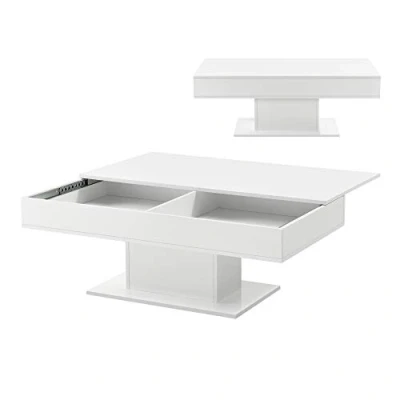 Bild av [en.casa] Soffbord med 2 förvaringsfack under skjutplatta, vardagsrumsbord lådfunktion, soffbord, vitt, högglans