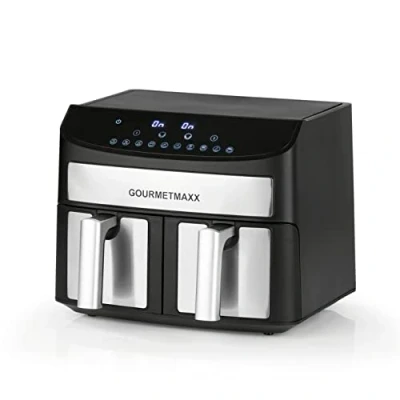 Bild av GOURMETmaxx Dubbelkammare/varmluftsfritös 2 x 3,5 l rostfritt stål luftfryer med synkro garzoner, timerfunktion och pekskärm energibesparande fritering 10 program 2400 watt