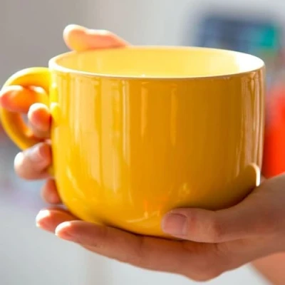 Bild av 650 ml tekopp, kaffekopp, XXL kopp, keramik, soppkoppar med handtag, jumbokoppar, stor kaffe, te, müsli, soppskål, skål, porslinskopp, soppskål handtag (gul)