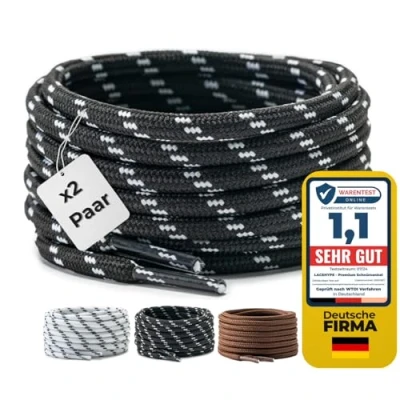 Bild av LaceHype 2 par premium runda skosnören [Ø4,5 mm] polyester för arbetsskor, stövlar, utomhusskor och sportskor slitstarka skosnören, Svart/vit 4,5 mm, 90 cm Paar