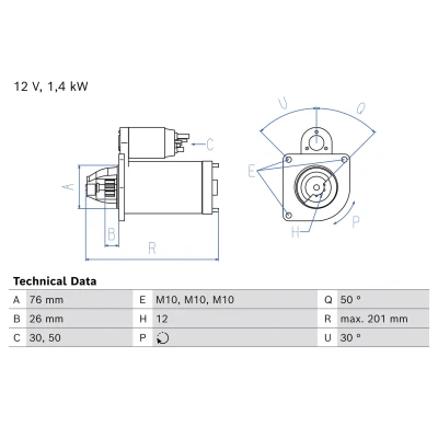 Bild av BOSCH 0 986 029 180 Startmotor 12V 1,2kW 30, 50 links 76mm FORD: MONDEO 4 Turnier, FOCUS 3, Galaxy Mk2 MPV