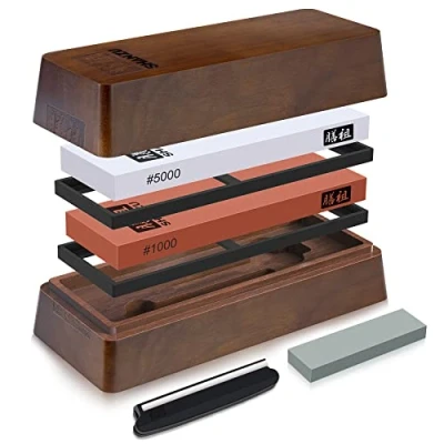 Bild av SHAN ZU Slipsten Whetstone Abrasive Stone for 2 in 1 Knife Sharpener, Grain Size 1000/5000 with Non Slip Silicone Support and Angle Control the Kitchen Custom Acacia Box