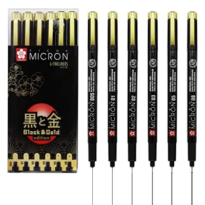 Bild av Sakura Pigma Micron finelinerset i svart och guld 6 storlekar, (POXSDKB6YOS)