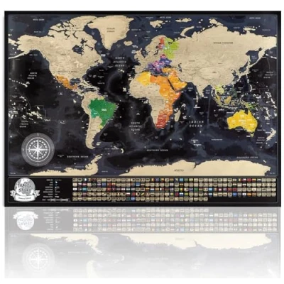 Bild av Scratch off World Map Svart karta med guldfolie, världskarta landsflaggor