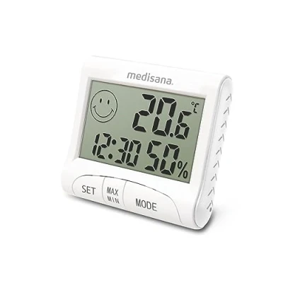 Bild av medisana HG 100, digital hygrometer för inomhusbruk, termometer med fuktighet, rumstemperatur, tid, visning av luftbefuktning inomhus;