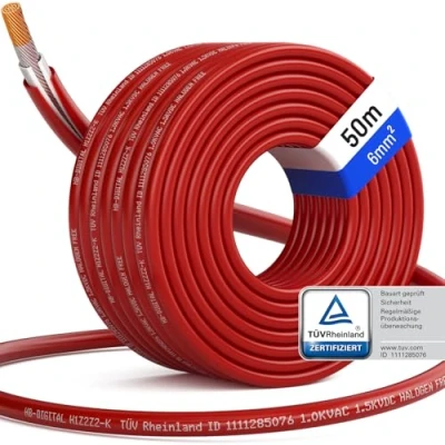 Bild av hb digital solkabel H1Z2Z2 K 50m TÜV Rheinland testad 6 mm² UV beständig flexibel ren koppar 1500V solcellsförlängningskabel för solpanel växelriktare laddningsregulator röd