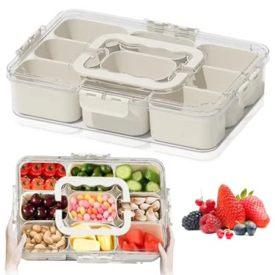 Bild av HOSPAOP Snackslåda med fack, snackstallrik lock, plast snackskål set läckagesäker, stor snackbricka arrangör för sötsaker godis veggie kakor nötter desserter frukt