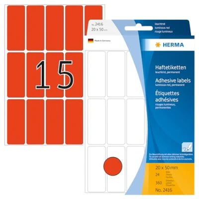 Bild av HERMA 2416 multifunktionsetiketter små (20 x 50 mm, 32 ark, papper, matt) självhäftande, permanenta hushållsetiketter för handskriven märkning, 360 klistermärken, ljusröd