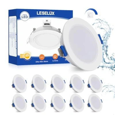 Bild av Leselux LED spotlight Dimbar IP65, 10 x Spot 230V 6W infällbara spotlights Varmvit 2700K 400 lm, infällda 68 mm, takspotlights vit ultratunn 35 mm för badrum sovrum kök