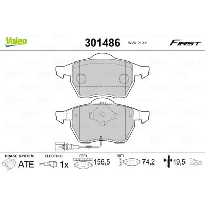Bild av VALEO 301486 Jeu de plaquettes frein FIRST Essieu avant contact signal d&#039;usure inclus avec tôle anti bruit VOLKSWAGEN: Golf 4, Bora Variant