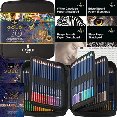 Bild av Castle Art Supplies Gold Standard 120 färgpennor set med extrafunktioner. Kvalitets oljebaserade färgade kärnor förblir skarpare, tuffare mot brott. För vuxna konstnärer, färgsättare. I blixtlåsfodral