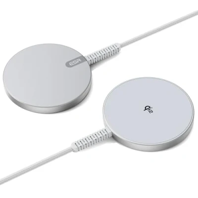 Bild av ESR för Magsafe laddare, 2 pack 15 W trådlös Qi2 laddare iPhone 16/15/14/13/12, AirPods 4/3/Pro/Pro 2, Galaxy S25, stark magnetisk laddningsplatta med typ C kabel, silver