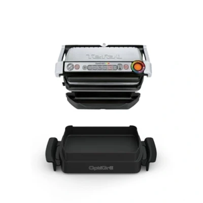 Bild av Tefal GC714D OptiGrill Kontaktgrill med bakplåt, 2 000 W, 6 förinställda program, upptiningsfunktion, 4 justerbara temperaturnivåer, automatisk avstängningsfunktion, avtagbara grillplattor, silver