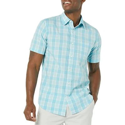 Bild av Amazon Essentials mäns Slim Fit kortärmad poplin skjorta, ljusblå vit pläd, X Large
