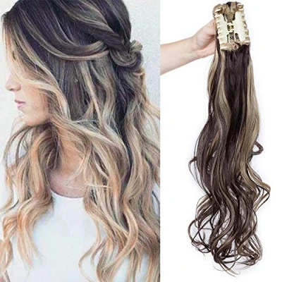 Bild av SEGO Hårstycke vågigt lockigt hästsvans lockig hårförlängning Body Wave Curly Pontail bunden med klämma 60 cm mörkbrun veke aska blond