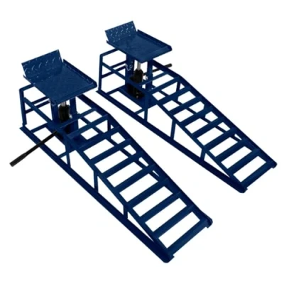 Bild av Hydrauliska Bilramper 2 Robusta 3 Ton 3000 kg Ramp Garage Verkstad Skåpbil Fordonsjack Lyft Lastbrygga 34 x 26 cm Plattform Höjdjusterbar 305 390 mm Maximal Hjulbredd 245 Blå Stål Säkerhetsbult