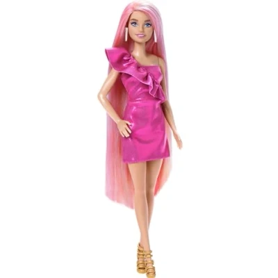 Bild av Barbie docka, Fun &amp; Fancy hår med extra långt färgglatt blont och glansig rosa klänning, tio modeaccessoarer, JDC85