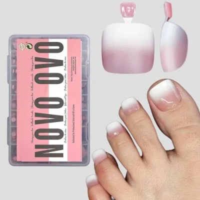 Bild av NOVO OVO fransk spets ombre tå nagelspetsar tryck på, mjuk gel falsk tånagelförlängning, bär fyrkantig rund förapplicerad spetsprimer och basrock, heltäckande matt falska naglar för