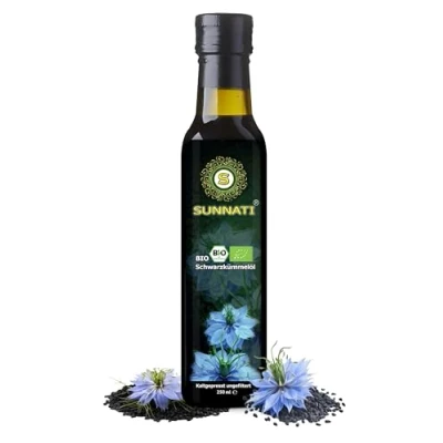 Bild av Sunnati® Ekologisk svart kumminolja ofiltrerad kallpressad 100 % ren 1. Pressning 250 ml