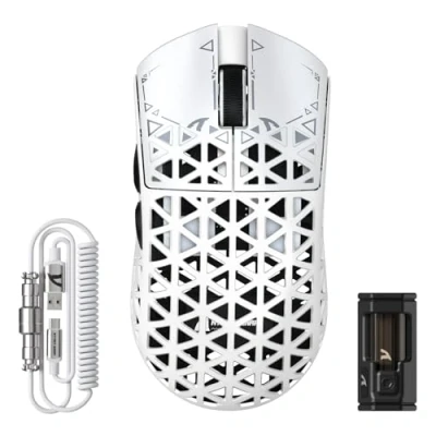 Bild av ATTACK SHARK R5 Ultra kolfiber spelmus, 39 g superlight, 8 000 Hz trådlös mus, 42000 DPI, PAW3950MAX sensor, Nordic 52840 MCU, Bluetooth/2,4G/kabelanslutna, med spiralkabel, PC/Mac, vit
