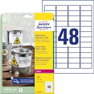 Bild av Avery L4778 20 etiketter, mycket motståndskraftiga för laserskrivare, 45,7 x 21,2 mm, 960 stycken, vit