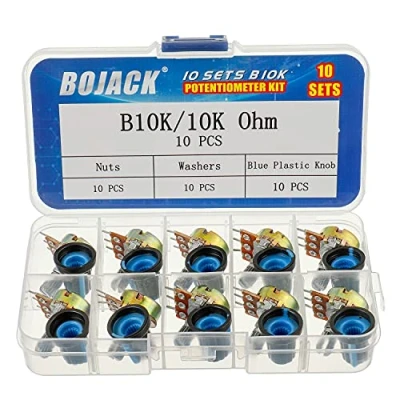 Bild av BOJACK 10 uppsättningar B10K räfflat skaft 3 terminaler linjär avsmalnande roterande potentiometer (WH148) 10K Ohm enkel varv kolfilm variabelt motstånd med blå plastknoppar kit