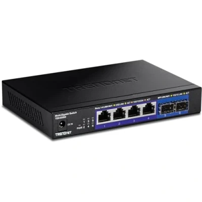 Bild av TRENDnet 6 portars ohanterad multi gig brytare, 4 x 2,5 GBASE T portar, 2 10 G SFP+ portar fläktlös, kompakt skrivbordsdesign, metallhölje, nätverksEthernet switch, livstidsskydd, svart, TEG S562