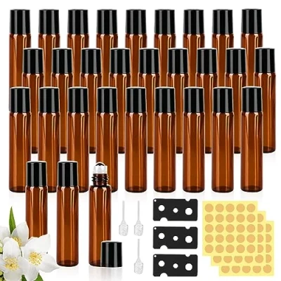 Bild av eteriska oljor roller glasflaskor, 30 stycken 10 ml rulle glasflaskor för eterisk olja, rollerflaskor med rollerbollar, påfyllningsbara glas rullflaskor olja parfym