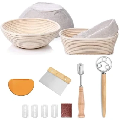 Bild av Bread Proofing Basket Set Of 2 Round and Oval, Banneton + Danish Dough Whisk Scoring Lame Stainless Steel Scraper Flexible Scraper, Sourdough Tools Kit
