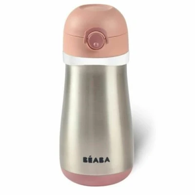 Bild av BÉABA, Barnflaska 2 i 1 rostfritt stål, flask /glasfunktion, tryckknapp för enkel öppning, solid, hälsosam, avtagbara handtag, stål kallt/varmt, 350 ml, Gammalrosa