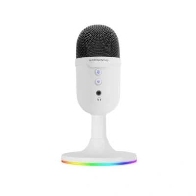 Bild av MARSGAMING MMIC CX, Professionell Studiomikrofon, Kompakt ARGB design, Högupplöst 196kHz/24 bit, ENC Brusreducering, Kardioidkondensator, Mute knapp, USB Plug&amp;Play, 3.5mm Jack, Vit