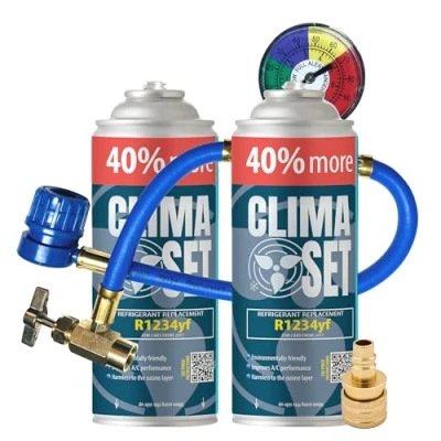 Bild av ClimaSet R1234yf ersättningsgas för köldmedium luftkonditionering bil gasflaska 2x235 g luftkonditioneringsslang tryckmätare adapter HP/LP ECO