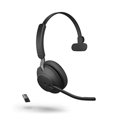 Bild av Jabra Evolve2 65 trådlöst headset med laddningsstation Bullerdämpande Microsoft Teams certifierade monohörlurar lång batteritid USB A Bluetooth adapter svart