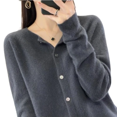 Bild av TeysHa Kashmir cardigan för kvinnor, ull Crew Neck Button Down långärmad tröja, mjuka varma stickade elastiska tröjor, Mörkgrått, M