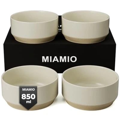 Bild av MIAMIO Zestaw 4 Misek/Ceramiczny Misek (850 ml) do Makaronu, Ramen, Płatków, Sałatek Bezpieczne Zmywarki i Mikrofali Kolekcja Sierra (Vit, Skålar (4x))