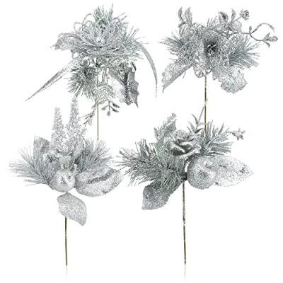 Bild av COM FOUR® 4x dekorativa arrangemang, kvistar som stora juldekorationer, vackra rumsdekorationer, även för kransar och blomsterarrangemang (silverfärgad liten)