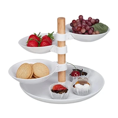 Bild av Relaxdays våningar, 4 nivåer, plast och trä, serveringsställ, rörlig, HBT: 19 x 26 24 cm, cupcake stativ, vit/natur