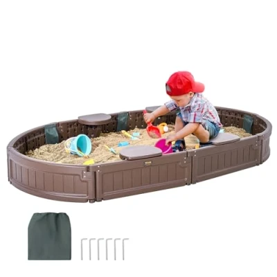 Bild av VEVOR Sandlåda med lock, 183 x 105 23 cm, oval sandlåda, HDPE sandgruva 4 hörnsäten och golvfoder, barnsandlåda för trädgård, strand, park