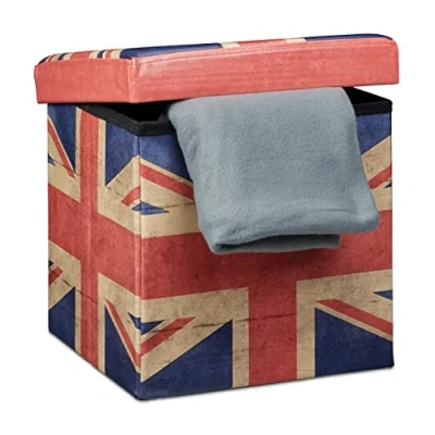 Bild av Relaxdays hopfällbar ottoman 38 cm robust sittkub med trendiga motiv som praktiskt fotstöd sammanvikbart fuskläder skydd för förvaringsbox puff avtagbart lock, Storbritannien, flerfärgad, x