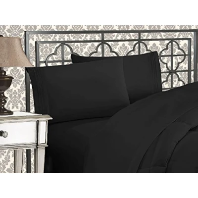 Bild av Elegant komfort lyxig 1 500 premium hotellkvalitet mikrofiber tre rader broderat mjukaste 4 delat lakanset, skrynkel och blekningsbeständig, drottning, svart