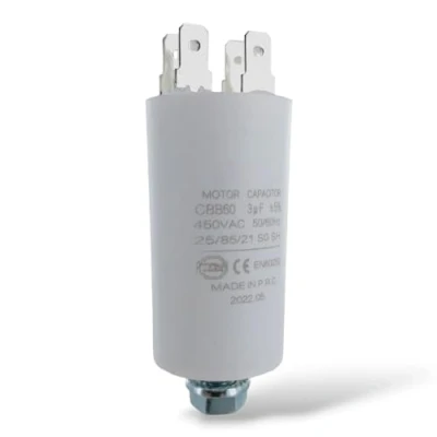Bild av DEKAROX Universell kondensator 3 µF 450 V Ø 30 x 57 mm med 6,3 AMP uttag, monteringsskruv M8, CBB60, motorstart och löpkondensator för elektriska hushållsapparater