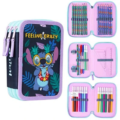 Bild av Disney Stitch pennfodral med brevpapper för flickor frysta fyllda blyertsfodralskolan tillförsel färgpennor färgade markörer gåvor flickor, En storlek, Triple Zip